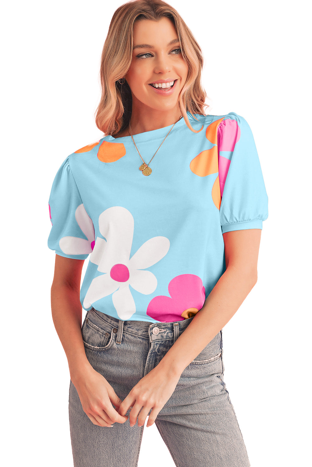 Colorful Flower Print Bubble Sleeve Tee