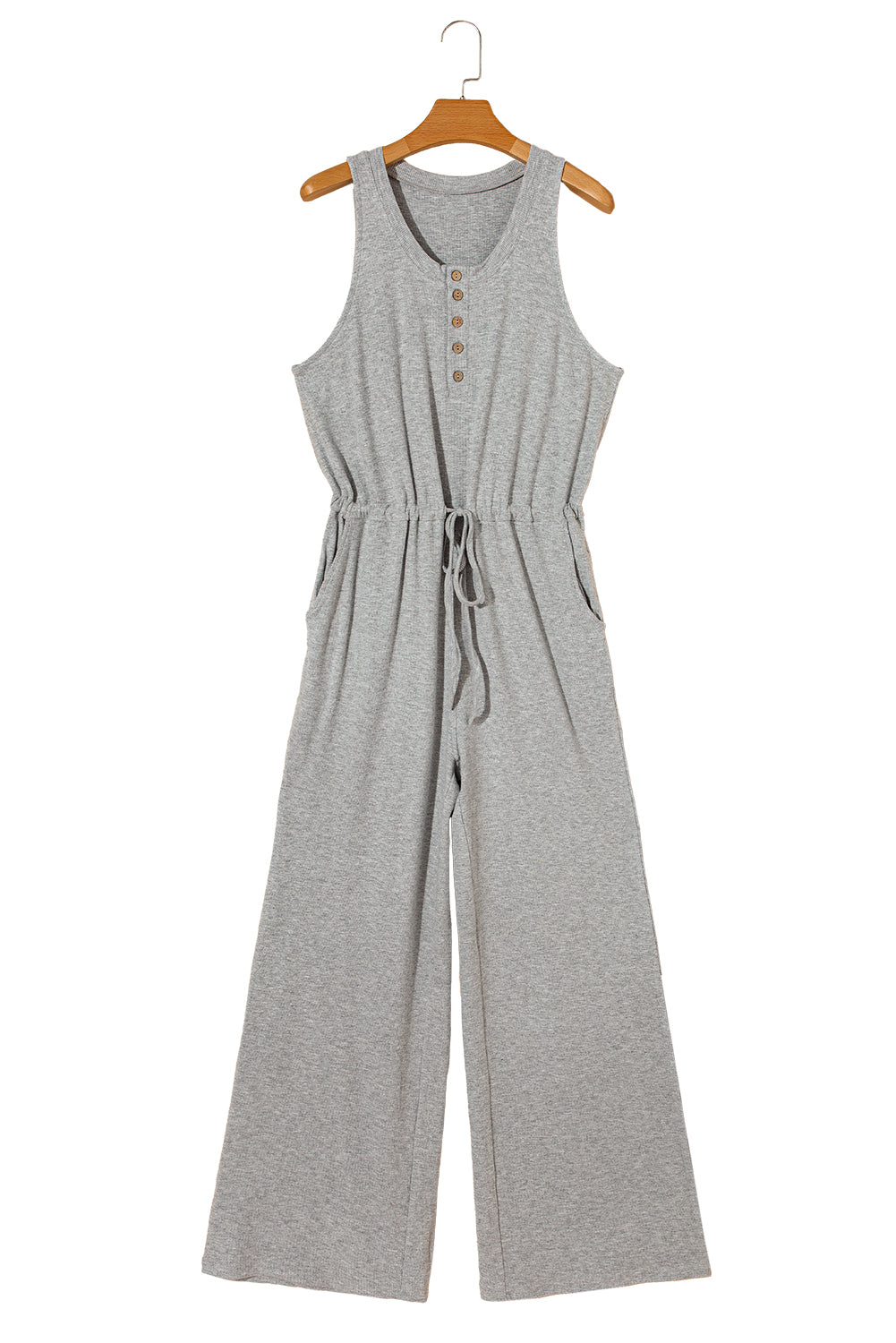 Gray Ribbed Knit Henley Neck Drawstring Sleeveless Jumpsuit