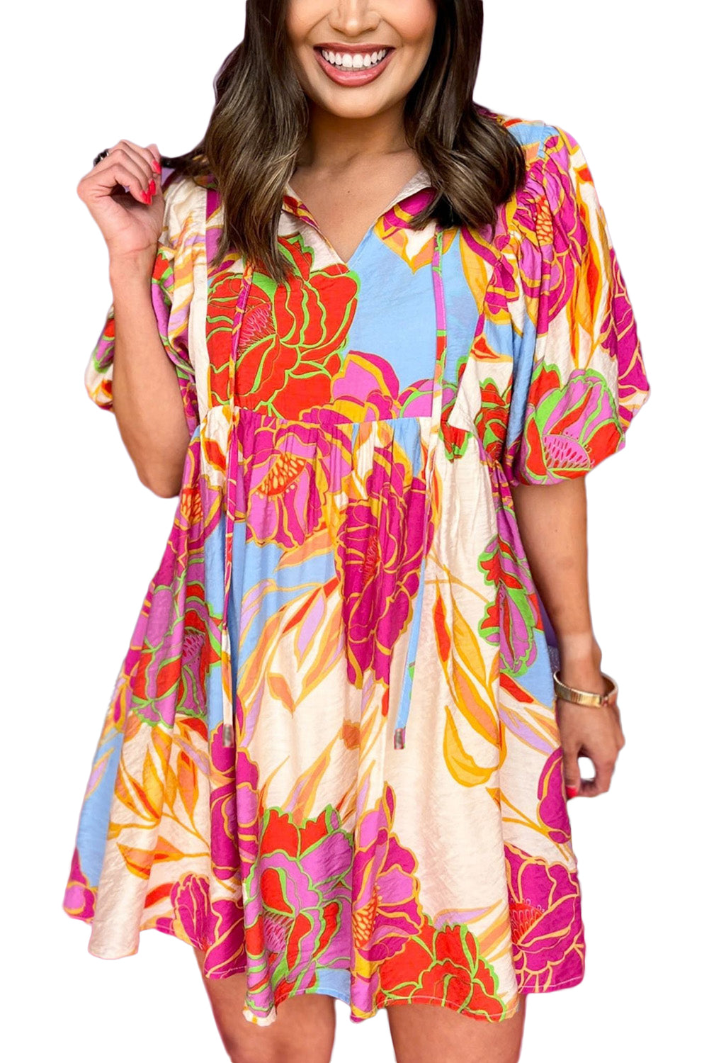 White Puff Sleeve Tied Split Neck Colorful Floral Flowy Dress