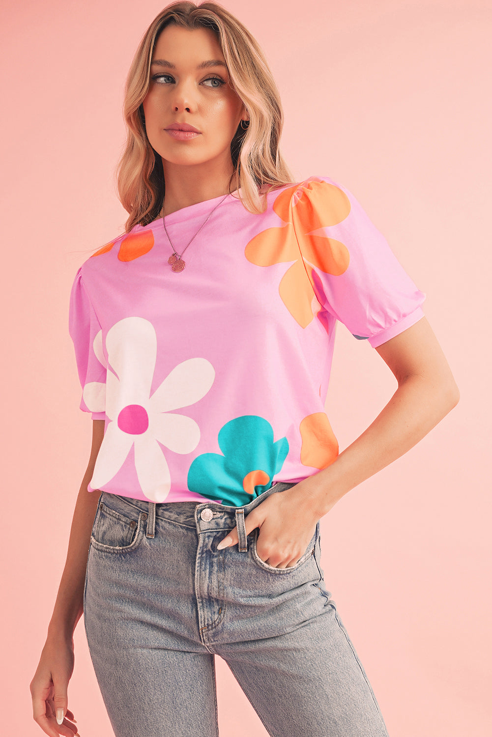 Colorful Flower Print Bubble Sleeve Tee