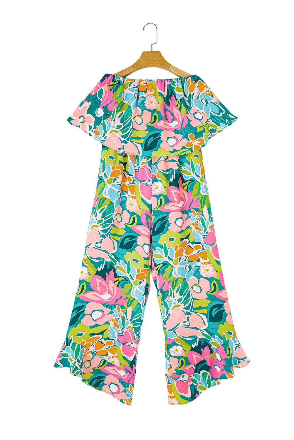 Green Mix Tropical Print Strapless Ruffle Jumpsuit