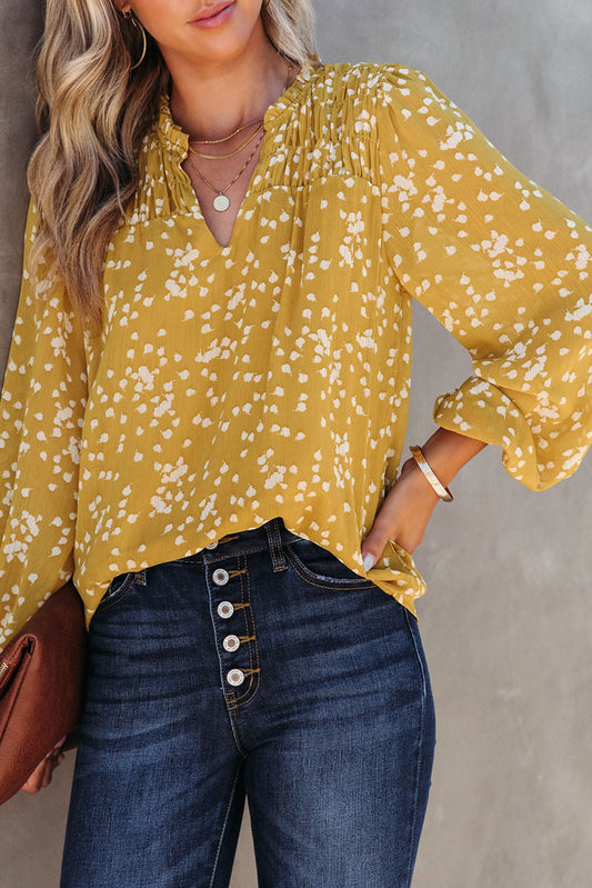 Yellow Frill Split V Neck Boho Crinkled Blouse