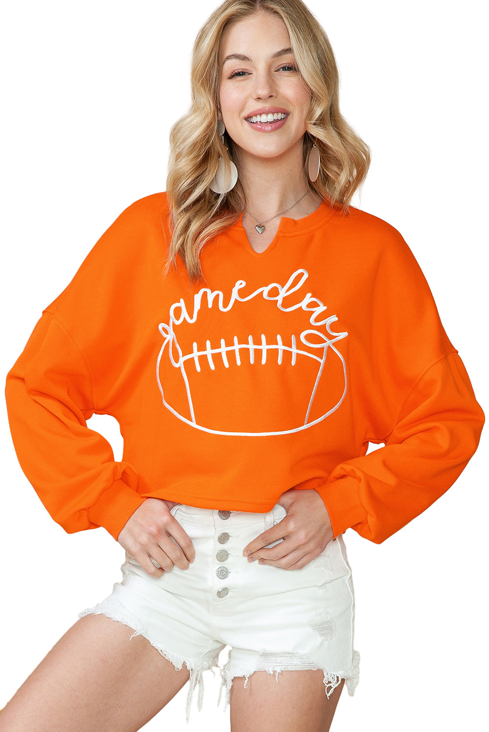 Orange Game Day Lettering Football Notched Neck Cropped Sweatshirt