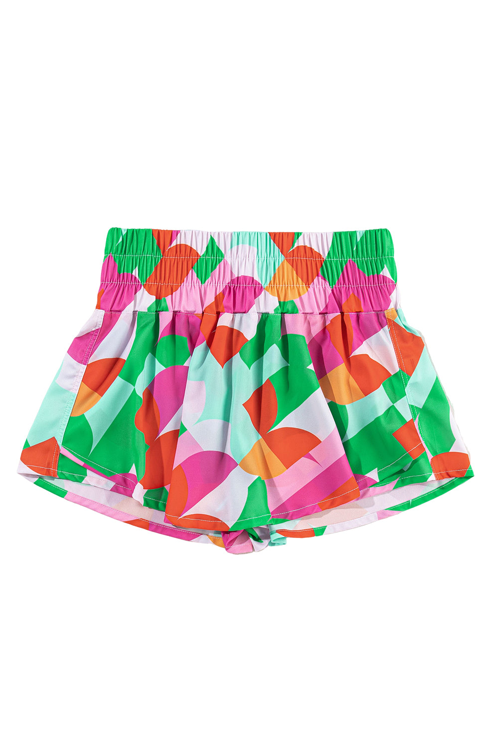 Green Abstract Print Smocked Waist Flared Shorts