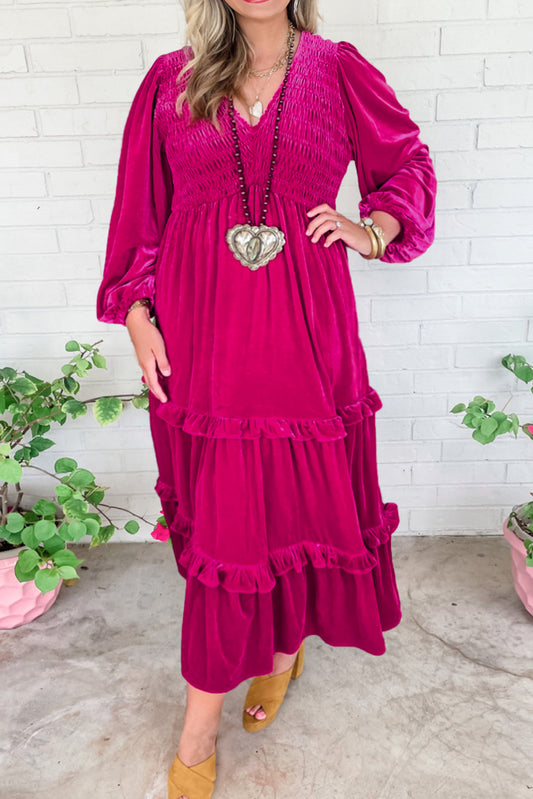 Rose Red Smocked V Neck Tiered Ruffle Velvet Plus Size Maxi Dress