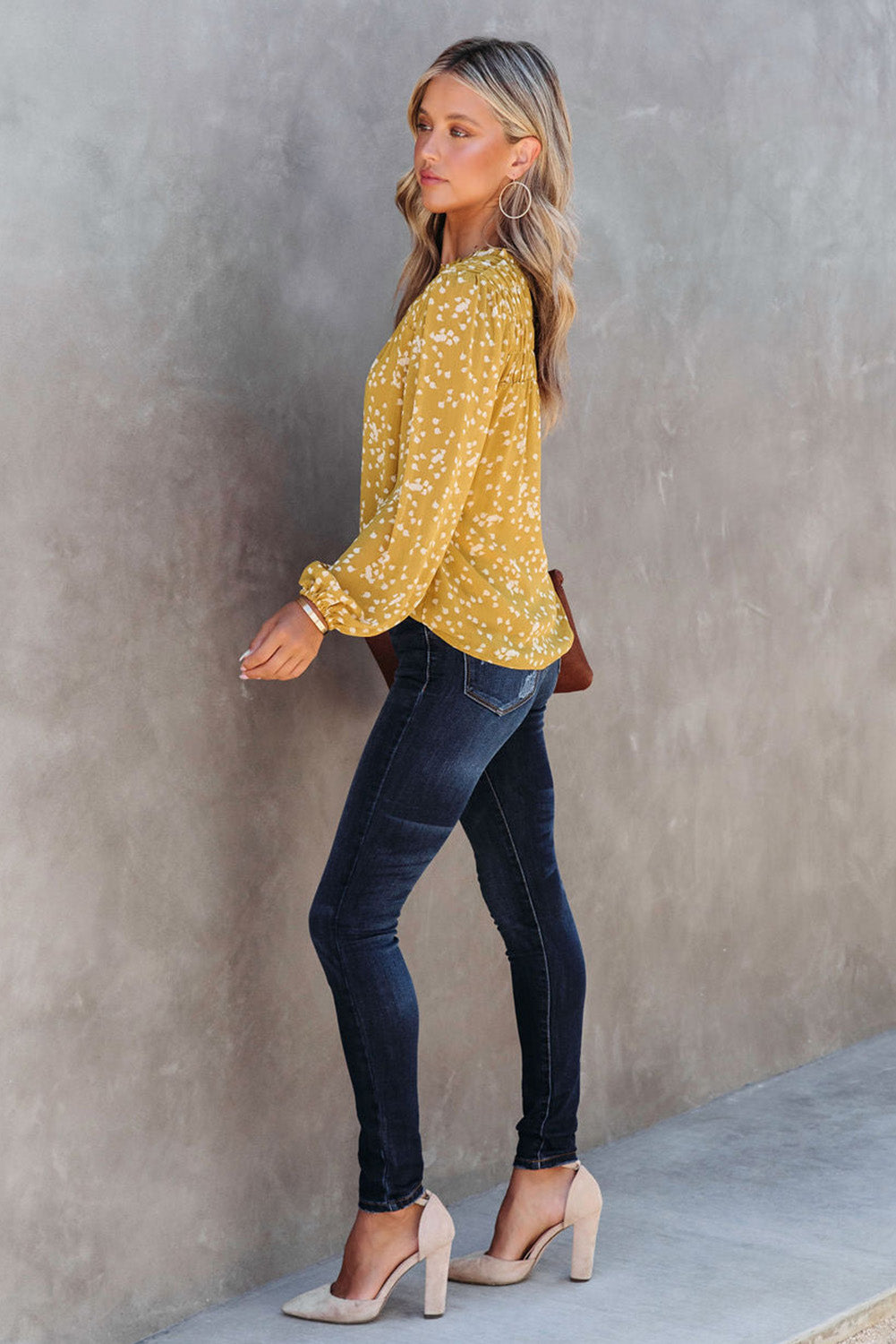 Yellow Frill Split V Neck Boho Crinkled Blouse