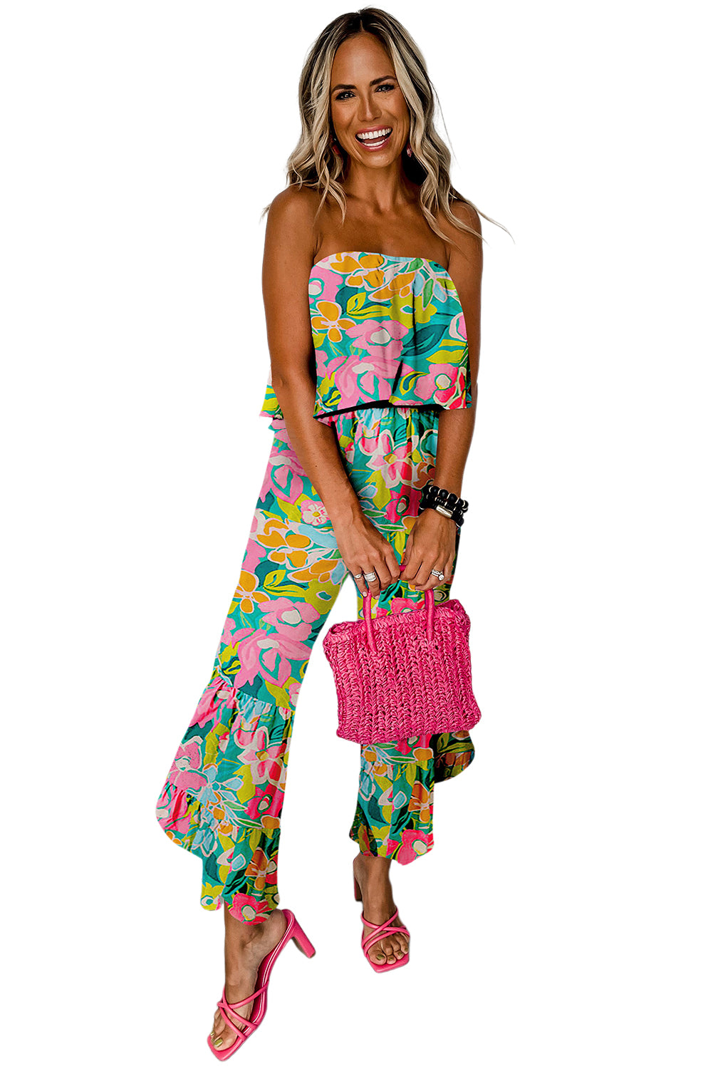 Green Mix Tropical Print Strapless Ruffle Jumpsuit