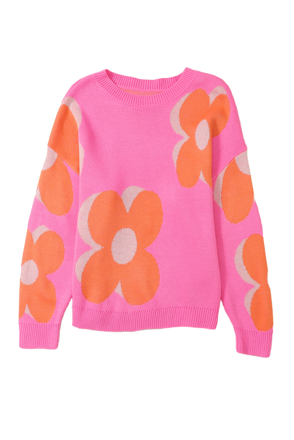 Pink & Orange 60s Floral Cable Knitted Sweater