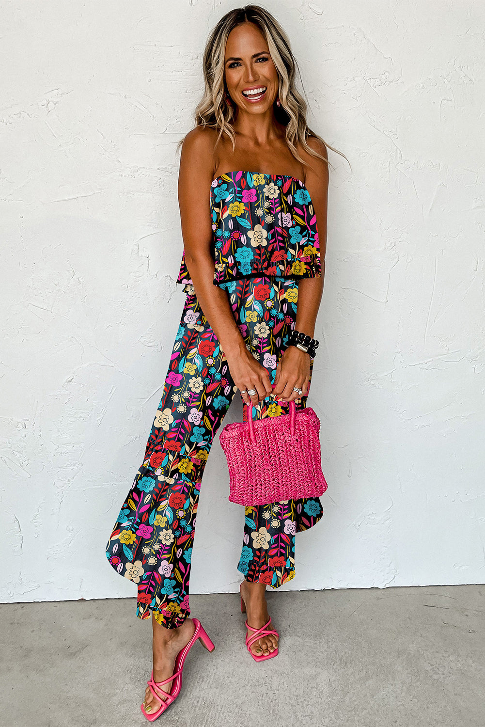 Green Mix Tropical Print Strapless Ruffle Jumpsuit