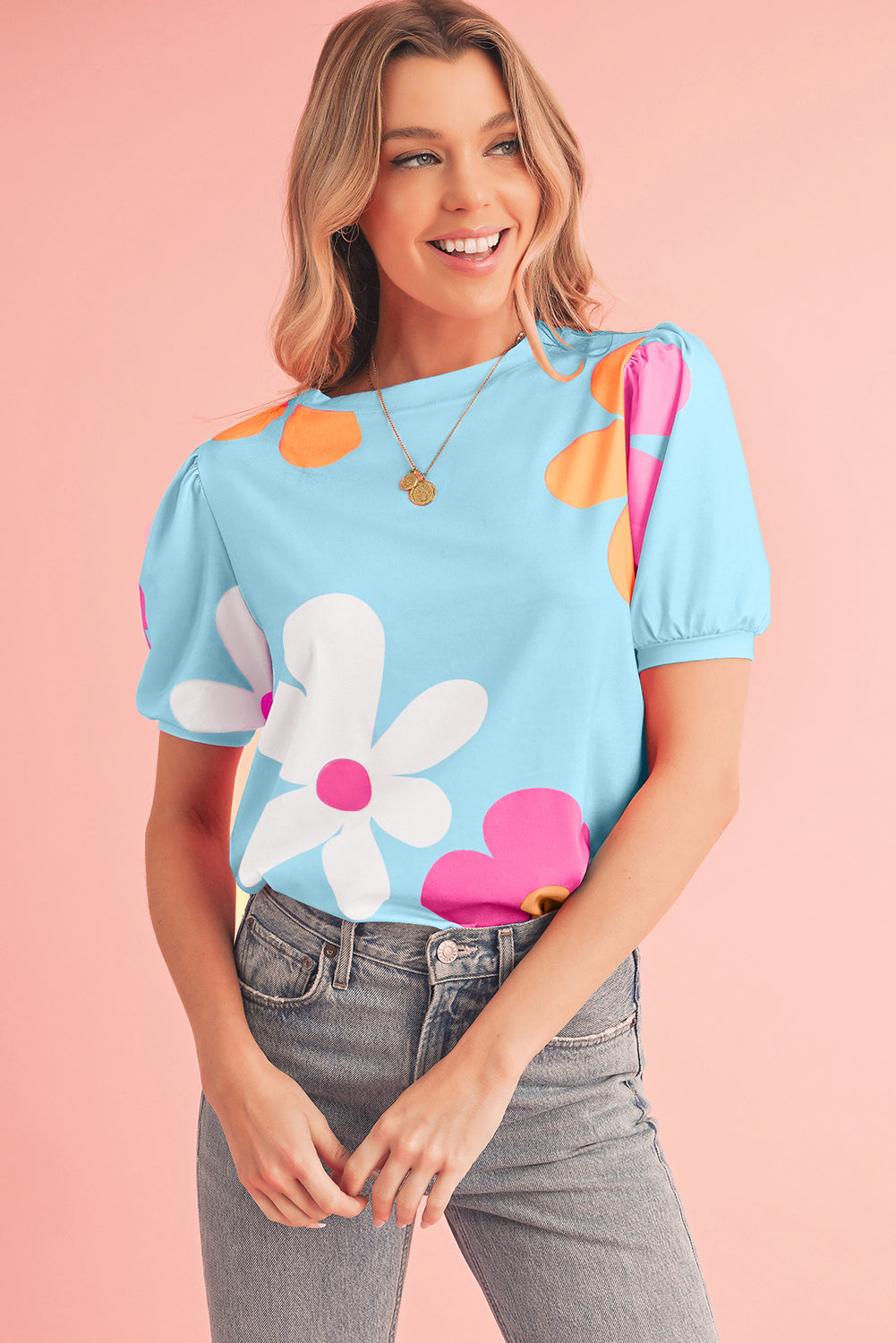 Colorful Flower Print Bubble Sleeve Tee