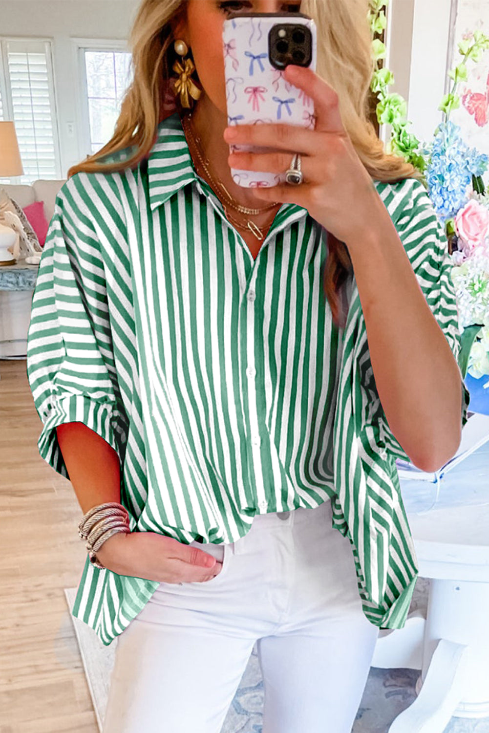 Sky Blue Stripe Dolman Sleeve Oversized Blouse