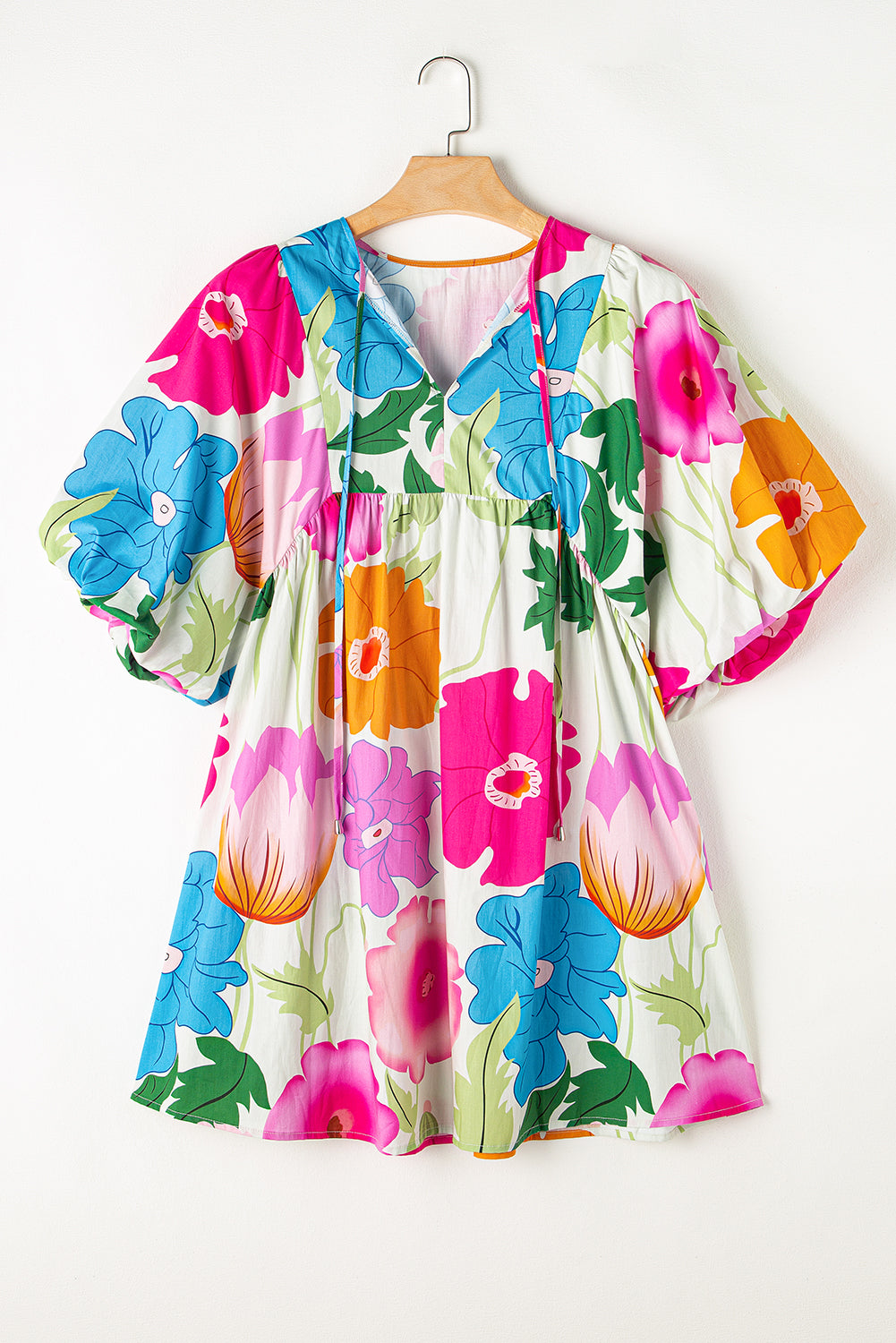 White Puff Sleeve Tied Split Neck Colorful Floral Flowy Dress