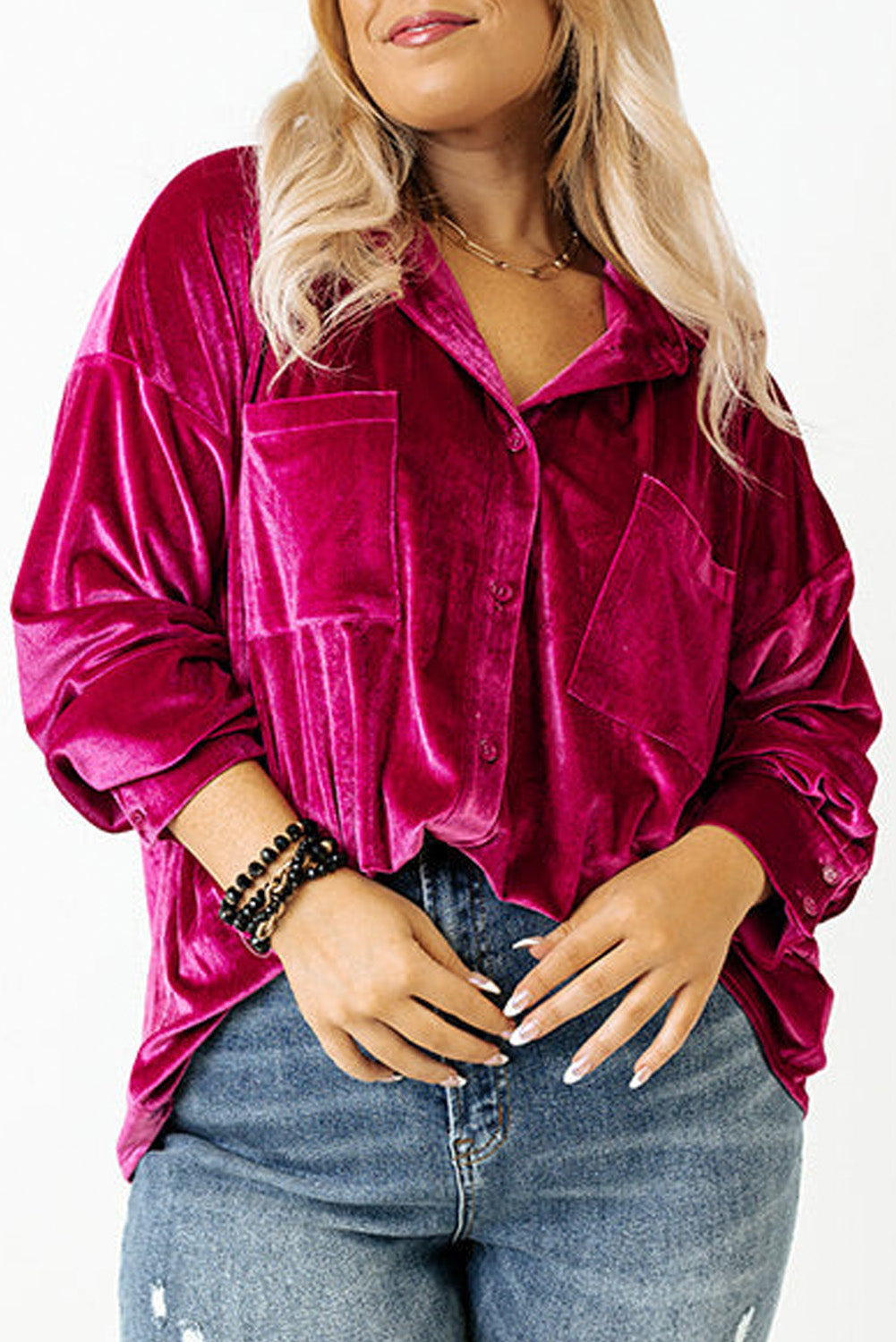 Chestnut Plus Size Velvet Chest Pocket Drop Shoulder Shirt