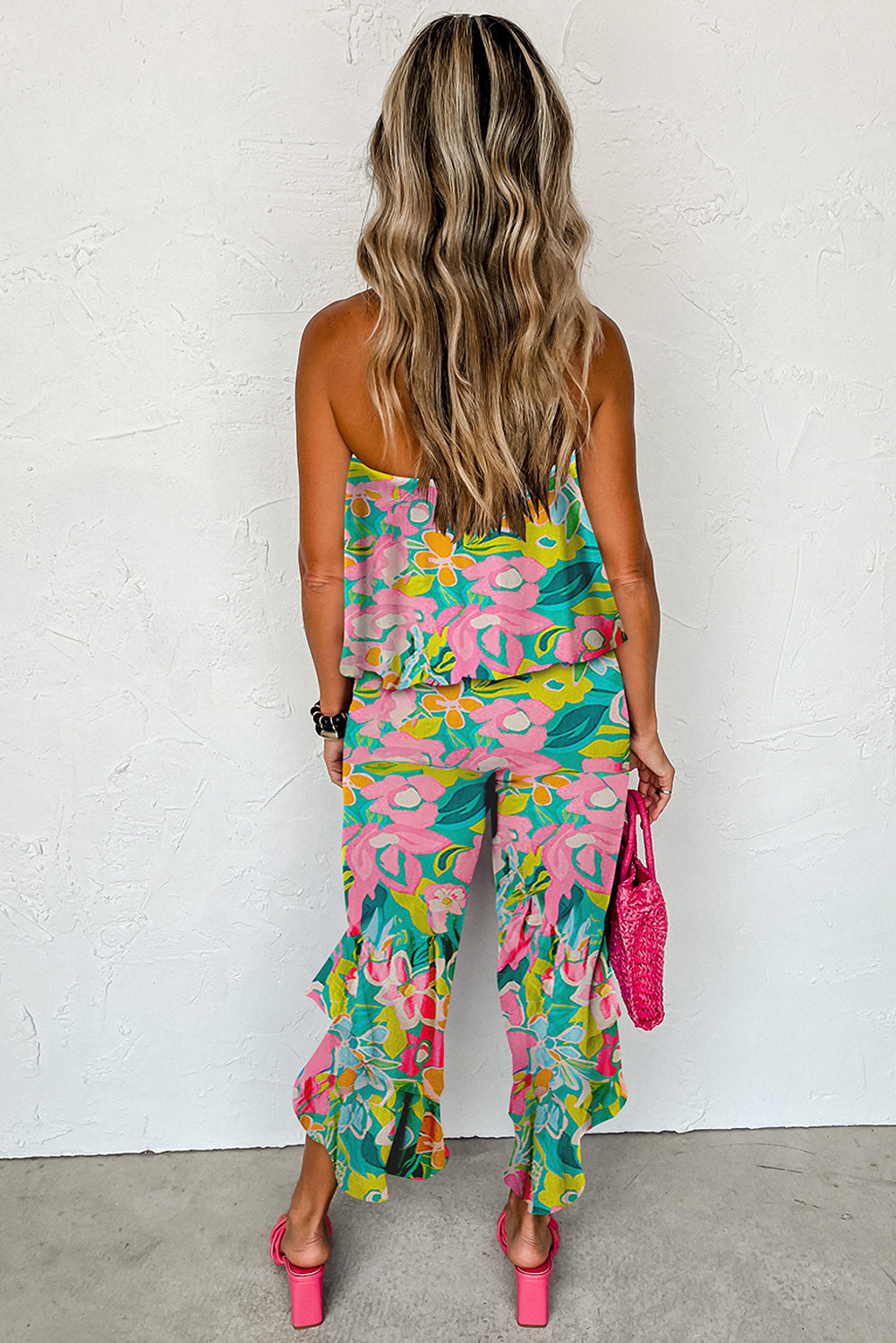 Green Mix Tropical Print Strapless Ruffle Jumpsuit