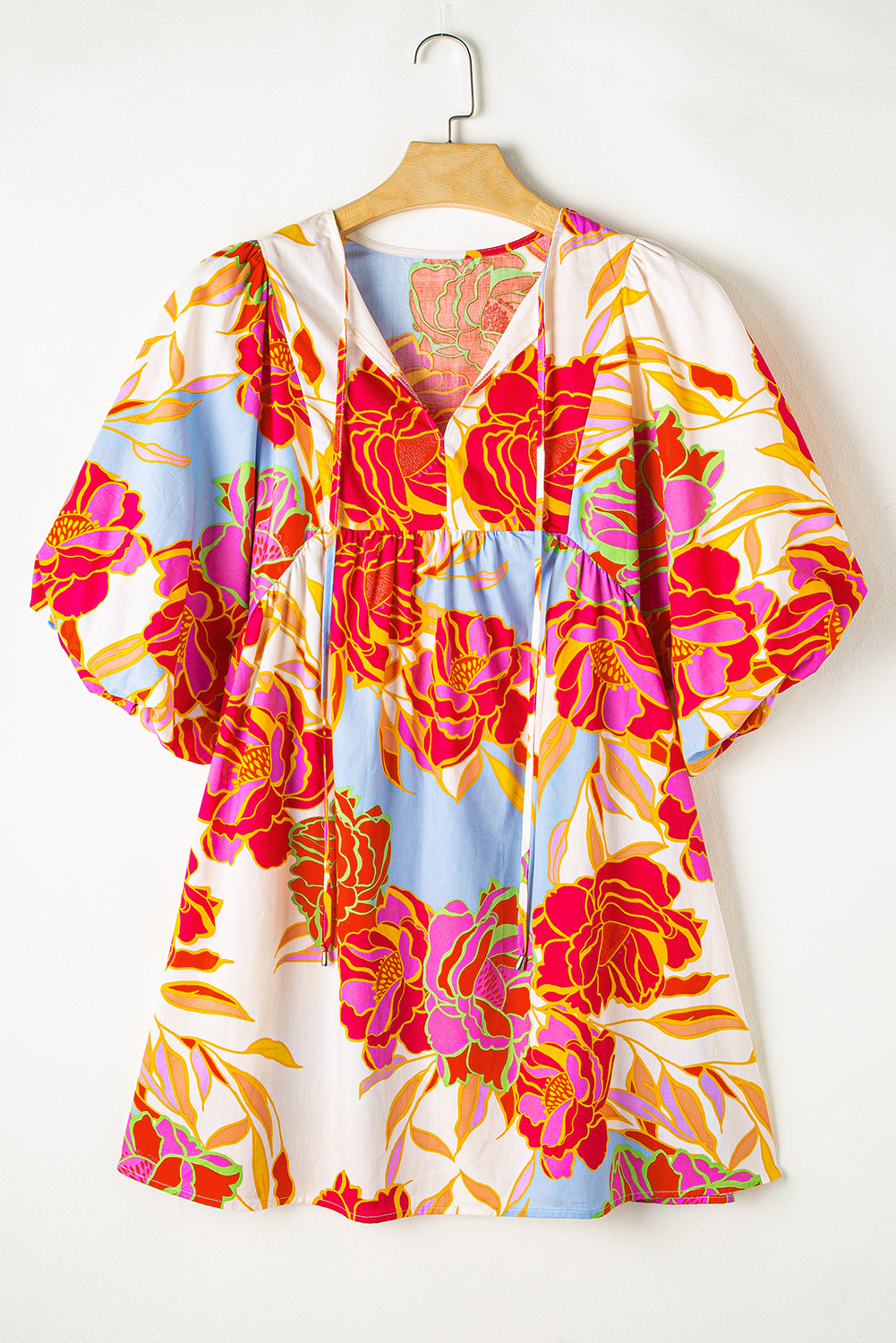 White Puff Sleeve Tied Split Neck Colorful Floral Flowy Dress