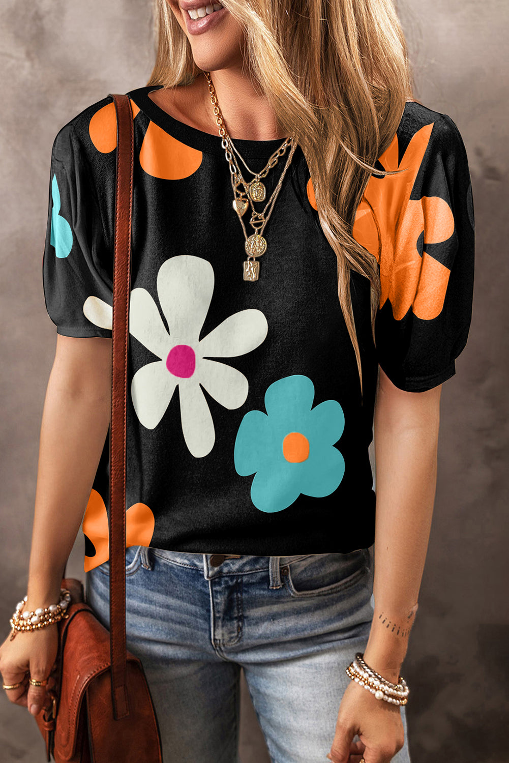 Colorful Flower Print Bubble Sleeve Tee