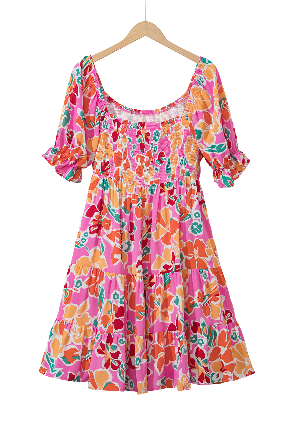 Pink Plus Size Puff Sleeve Smocked Floral Dress