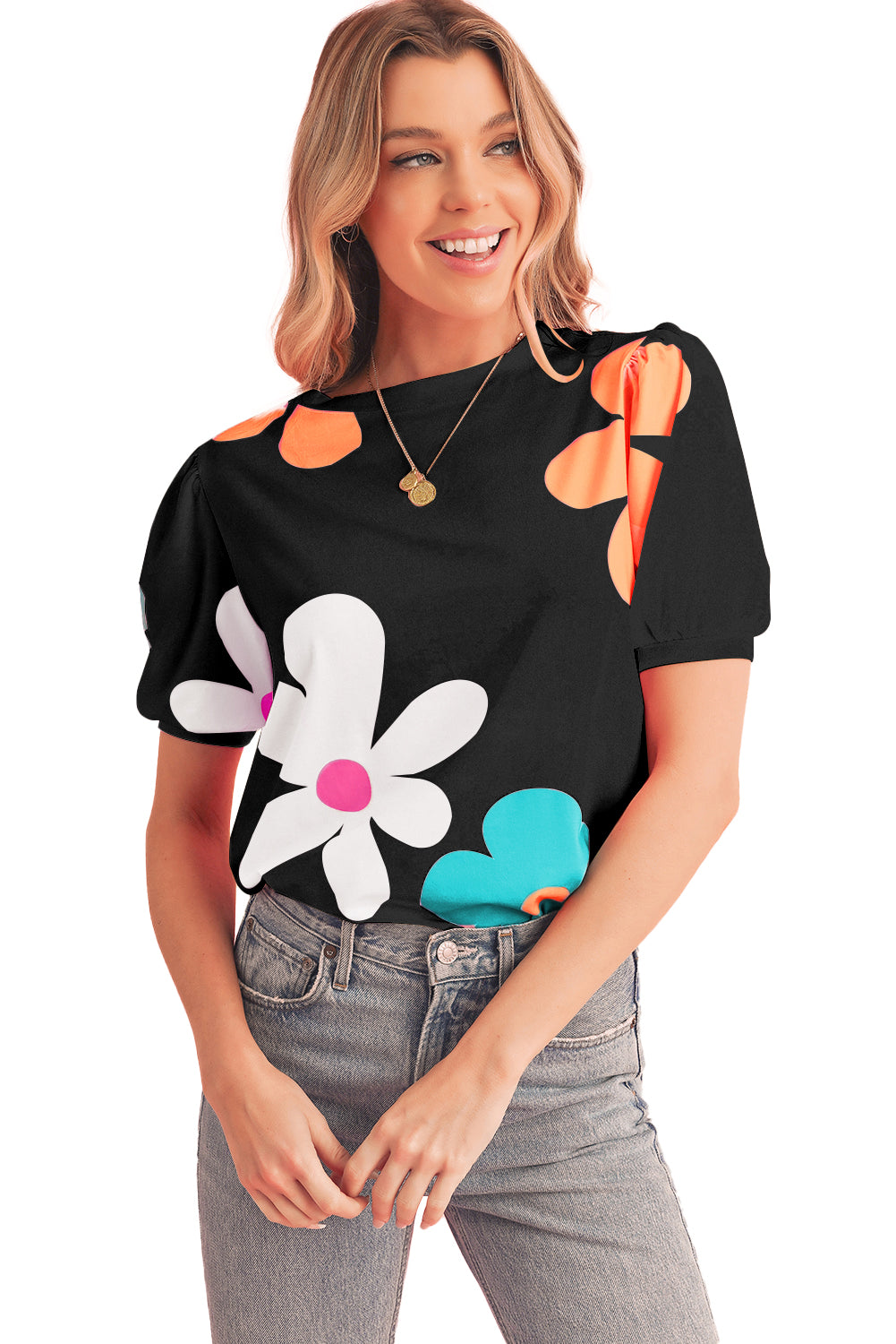 Colorful Flower Print Bubble Sleeve Tee