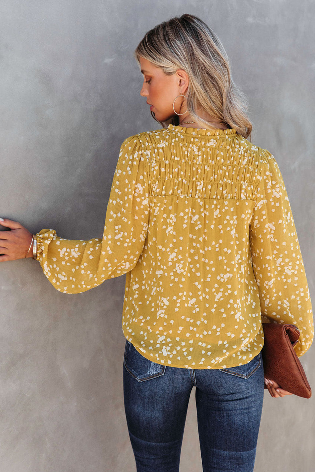 Yellow Frill Split V Neck Boho Crinkled Blouse