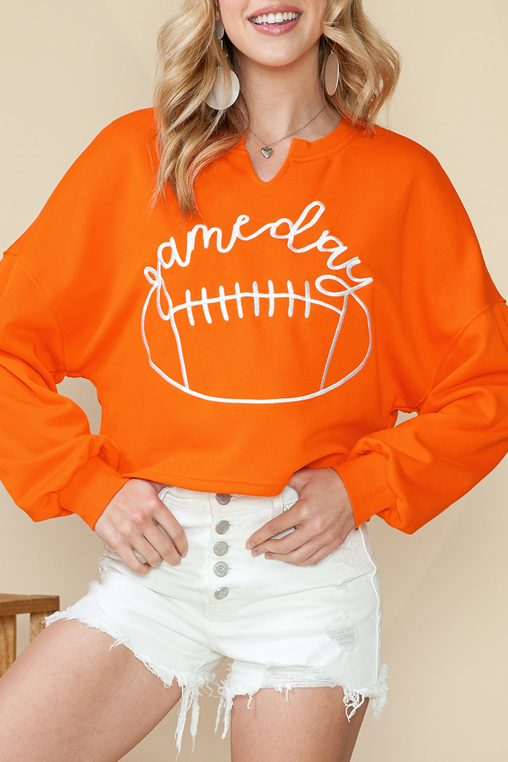 Orange Game Day Lettering Football Notched Neck Cropped Sweatshirt