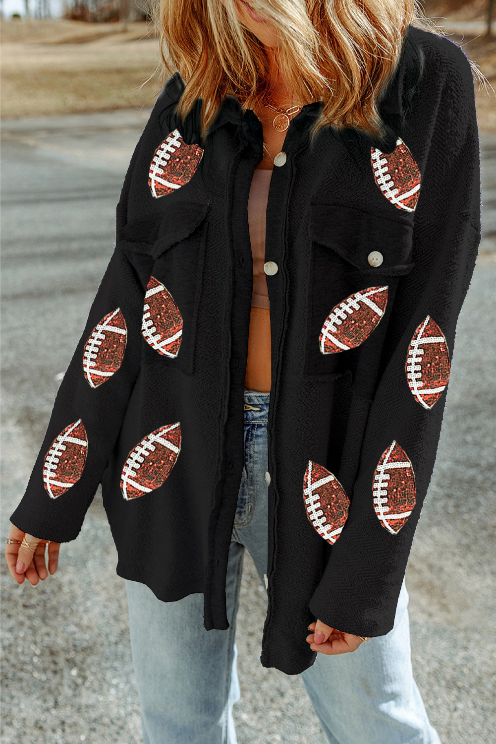 Fleece Football Graphic Buttoned Front Shacket