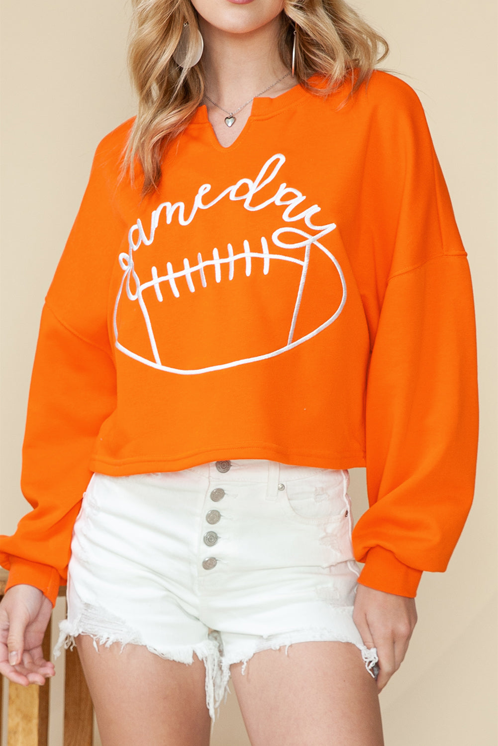 Orange Game Day Lettering Football Notched Neck Cropped Sweatshirt