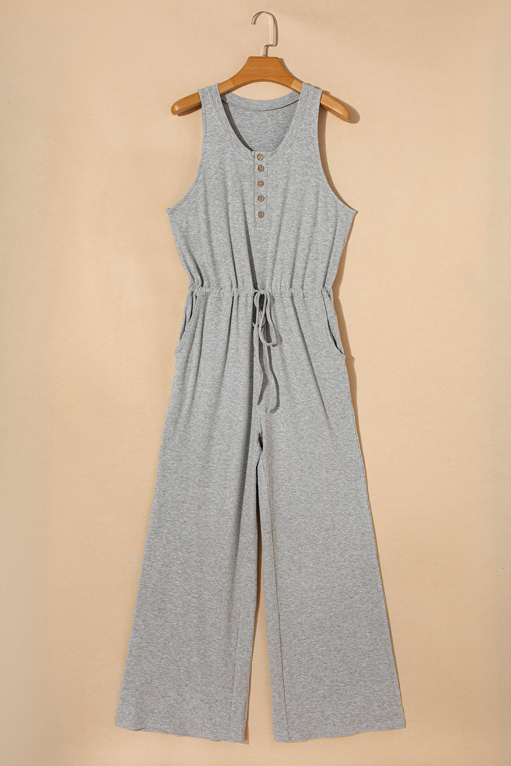 Gray Ribbed Knit Henley Neck Drawstring Sleeveless Jumpsuit