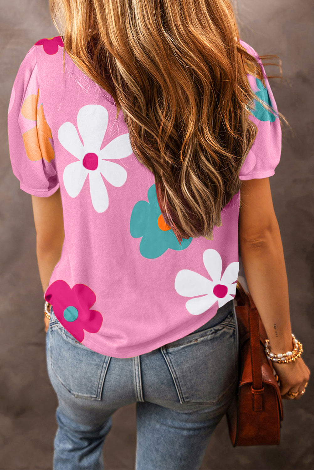 Colorful Flower Print Bubble Sleeve Tee