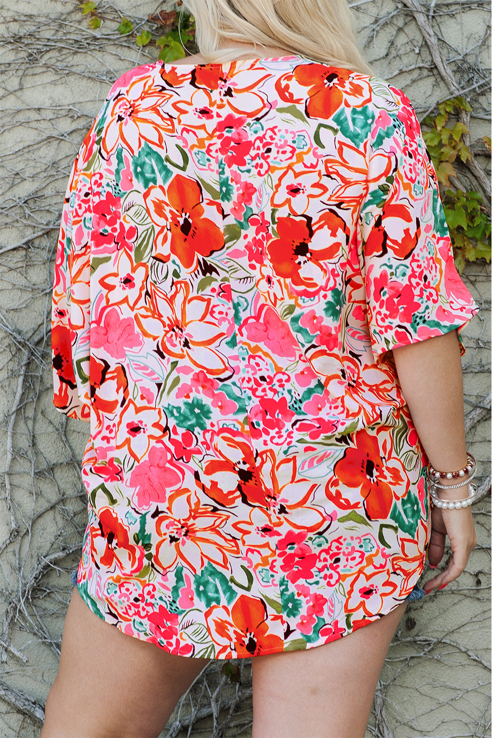 Rose Plus Size Floral Print Boho Kimono Sleeve Shirt