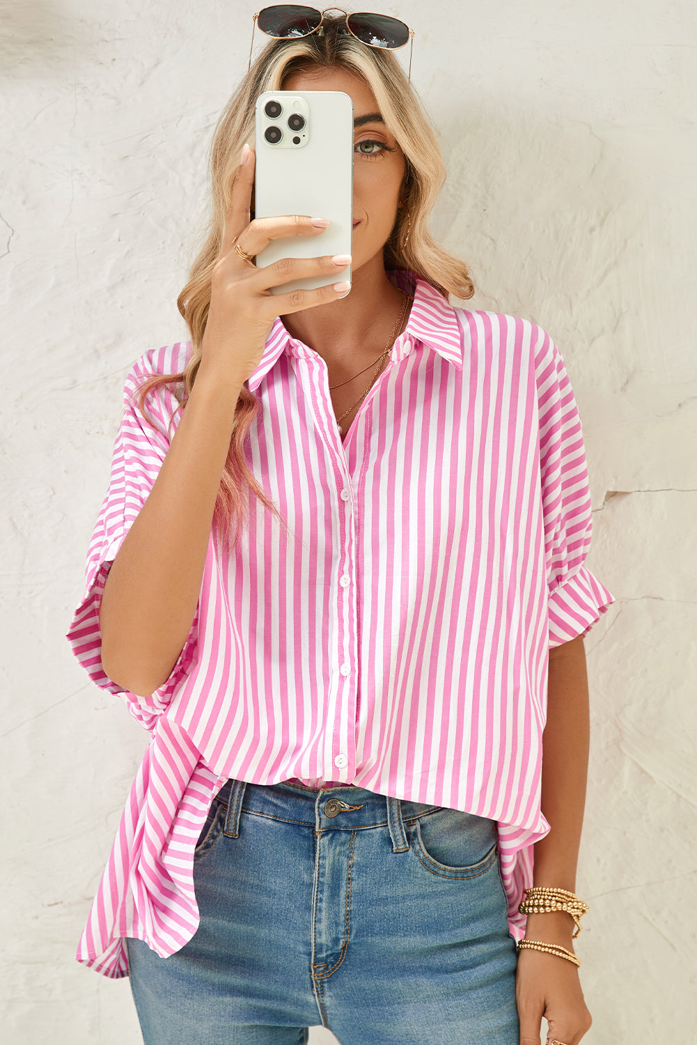 Sky Blue Stripe Dolman Sleeve Oversized Blouse