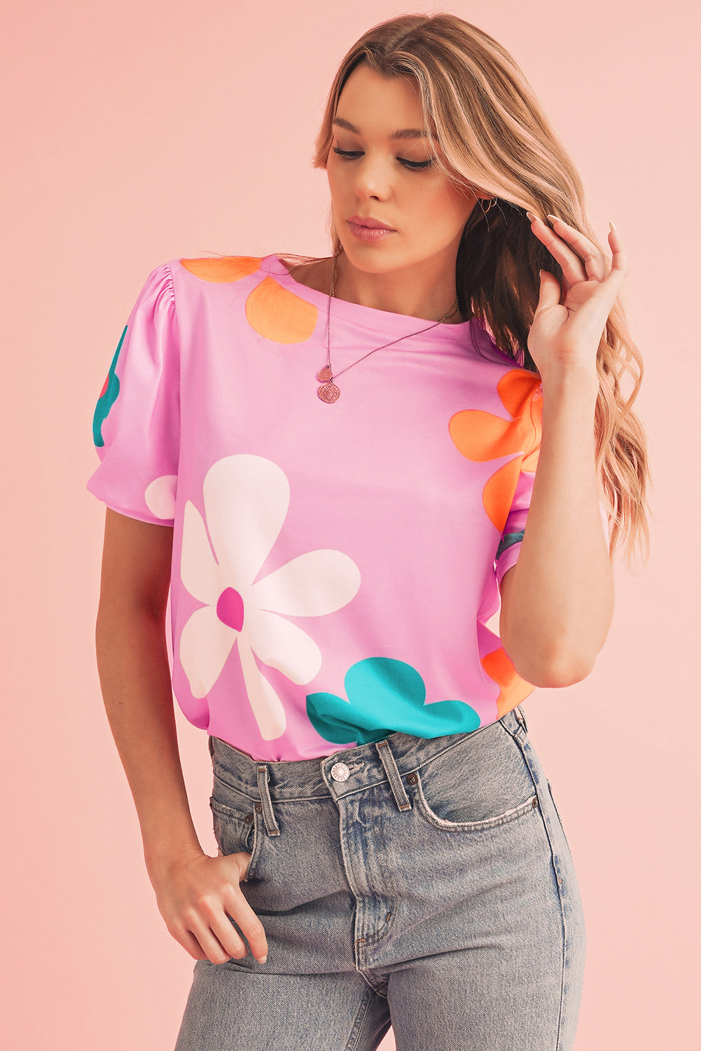 Colorful Flower Print Bubble Sleeve Tee