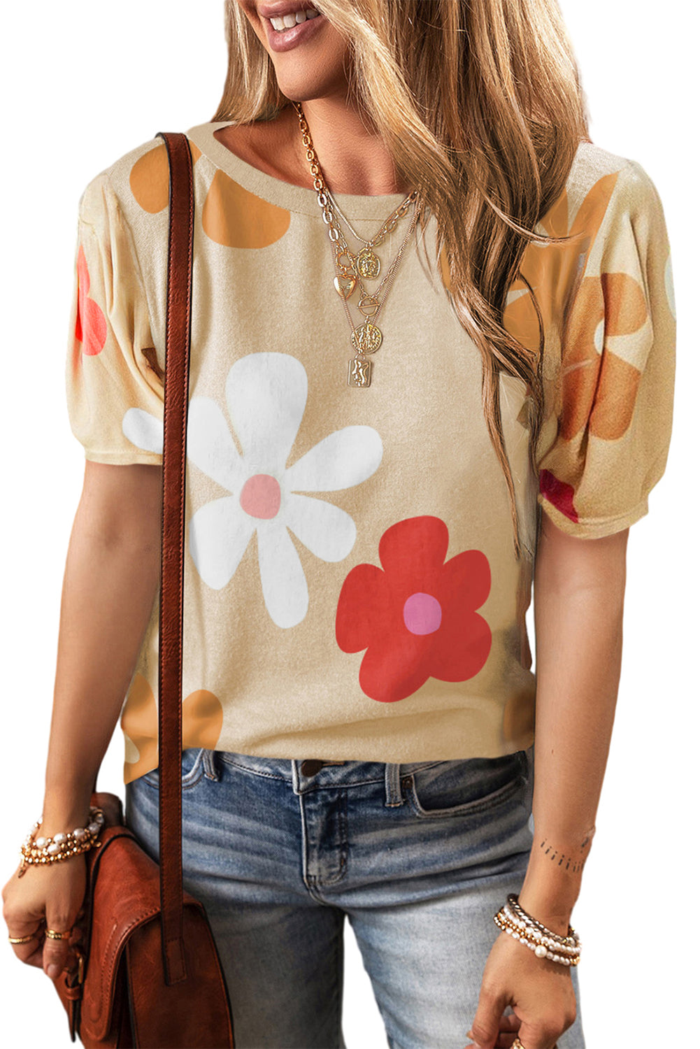 Colorful Flower Print Bubble Sleeve Tee