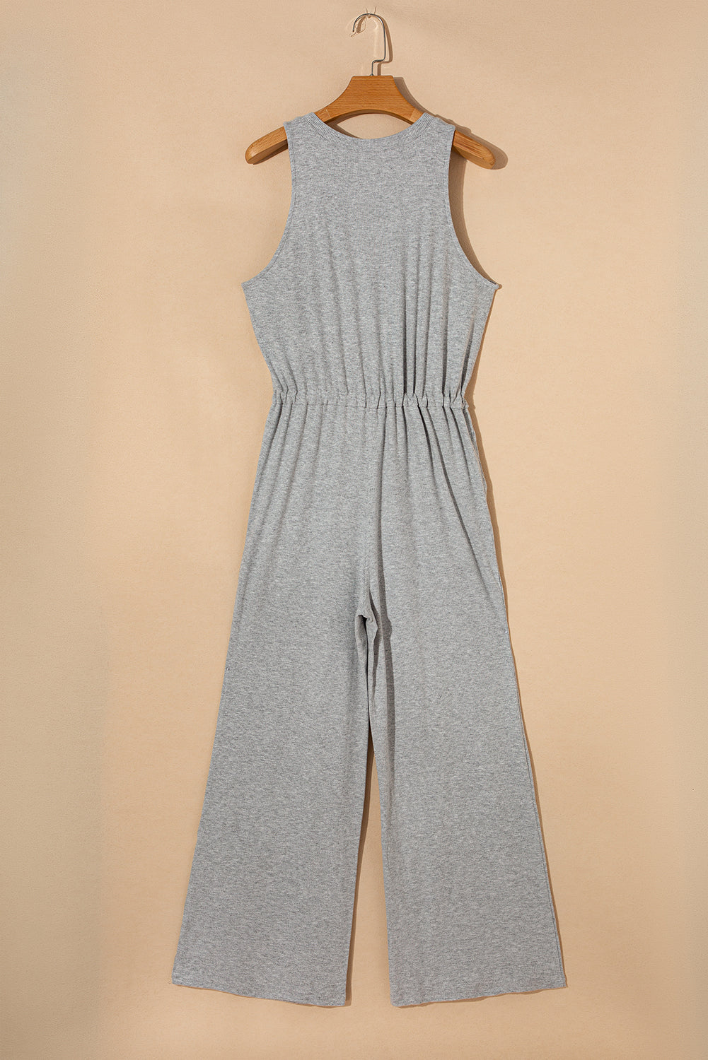 Gray Ribbed Knit Henley Neck Drawstring Sleeveless Jumpsuit