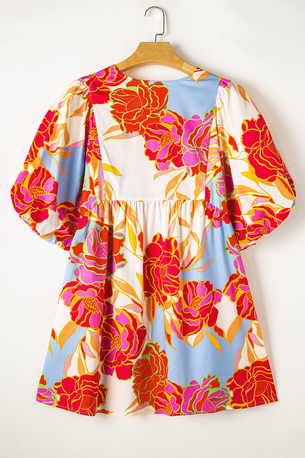 White Puff Sleeve Tied Split Neck Colorful Floral Flowy Dress