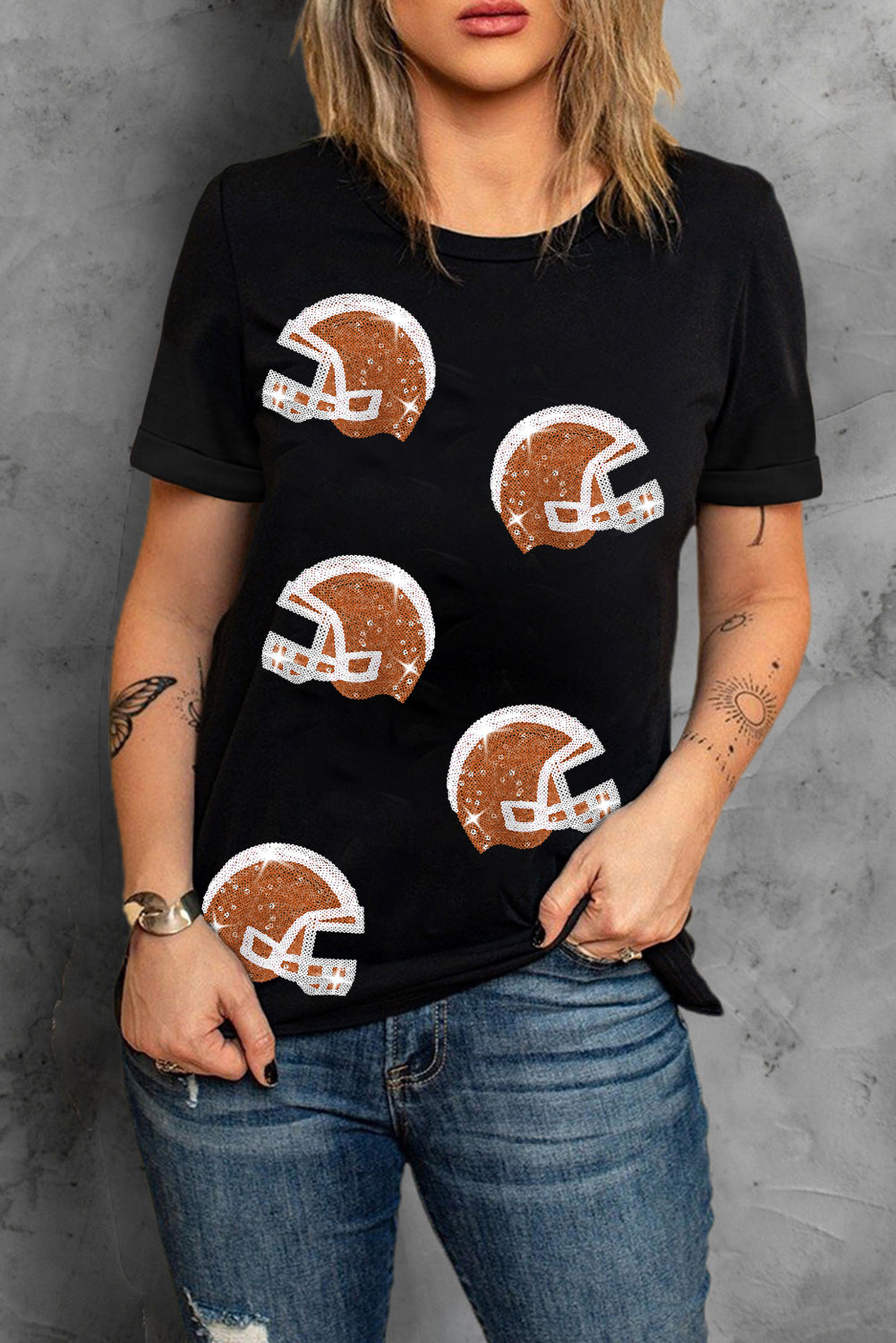 Black Sequin Football Helmet Graphic Crewneck T Shirt