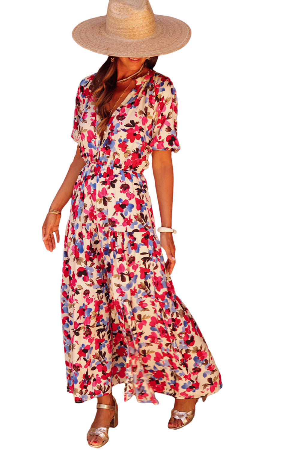 White Floral Print Short Sleeve Buttoned Split Maxi Dress