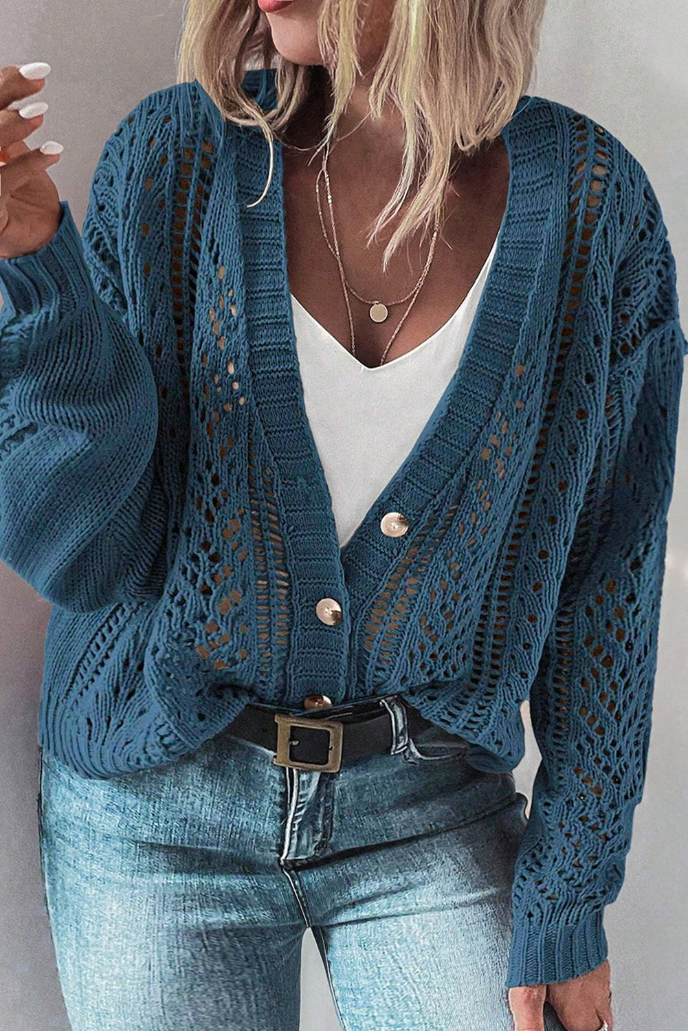 Real Teal Hollow Knit V Neck Button Front Plus Size Cardigan