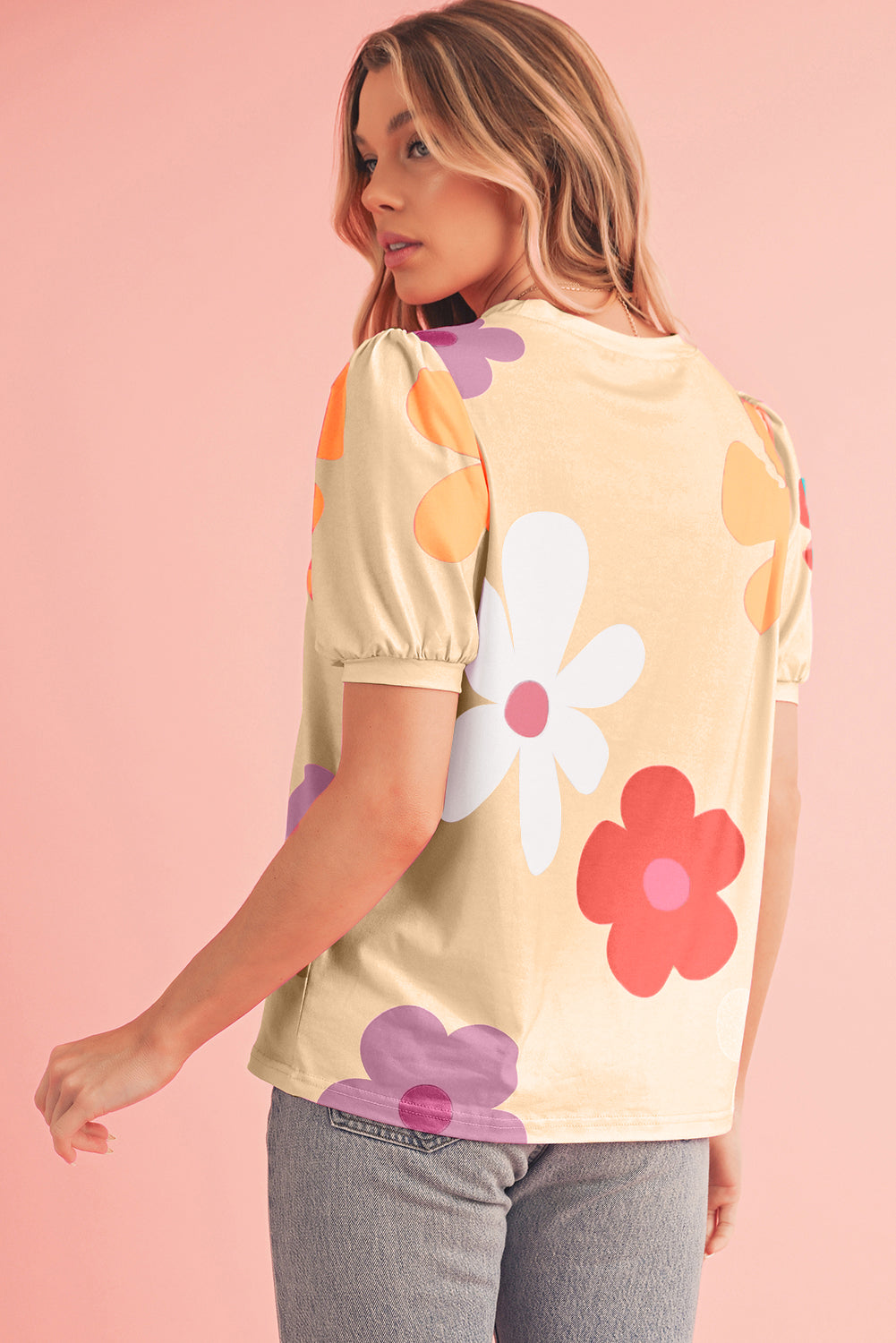 Colorful Flower Print Bubble Sleeve Tee