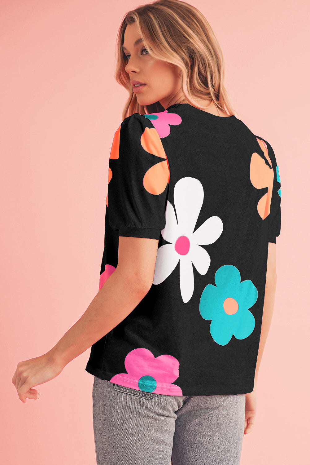 Colorful Flower Print Bubble Sleeve Tee