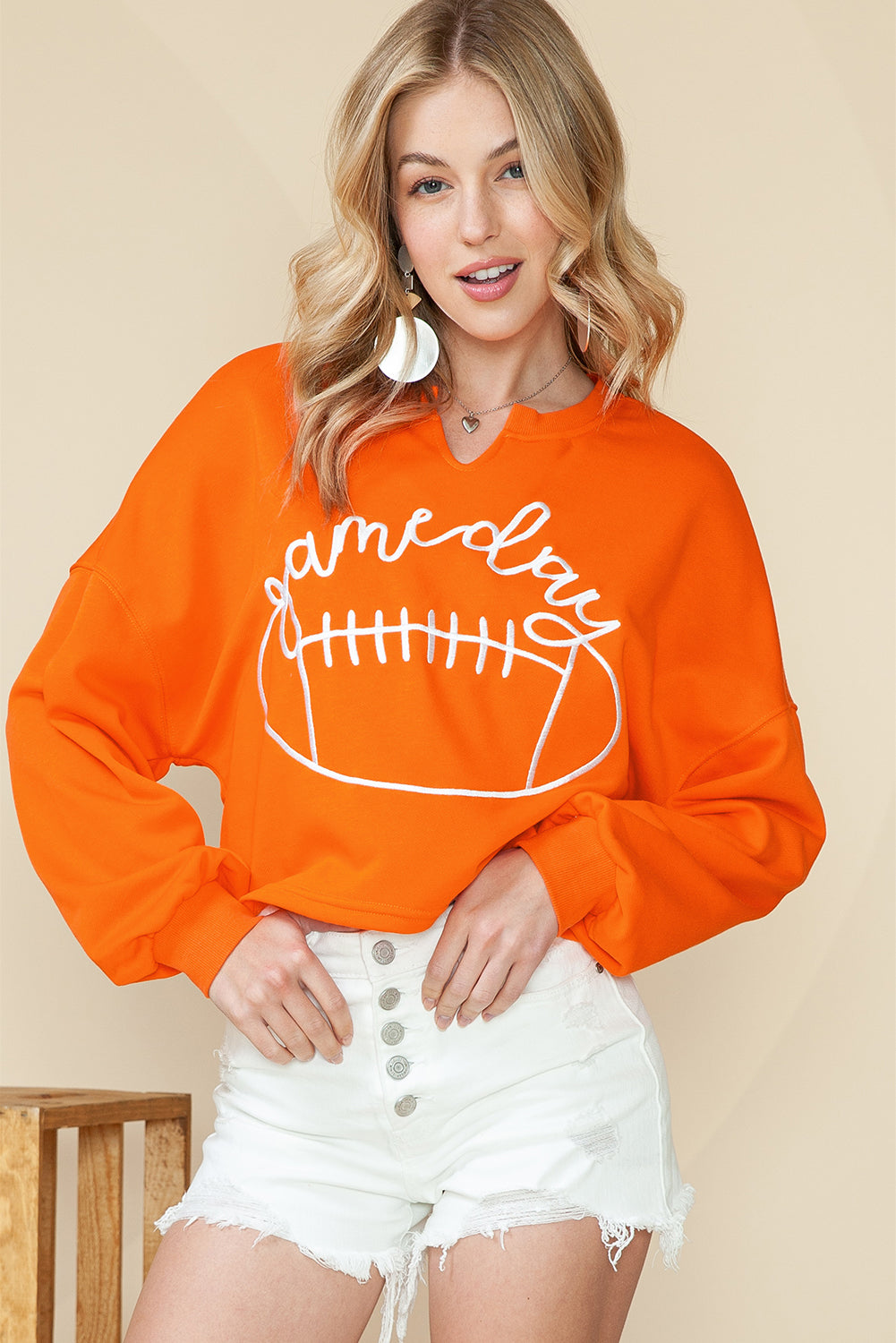 Orange Game Day Lettering Football Notched Neck Cropped Sweatshirt