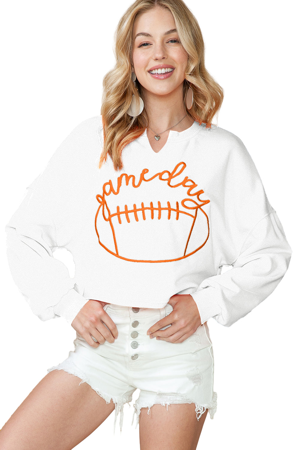 Orange Game Day Lettering Football Notched Neck Cropped Sweatshirt