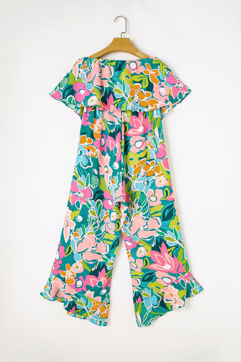 Green Mix Tropical Print Strapless Ruffle Jumpsuit