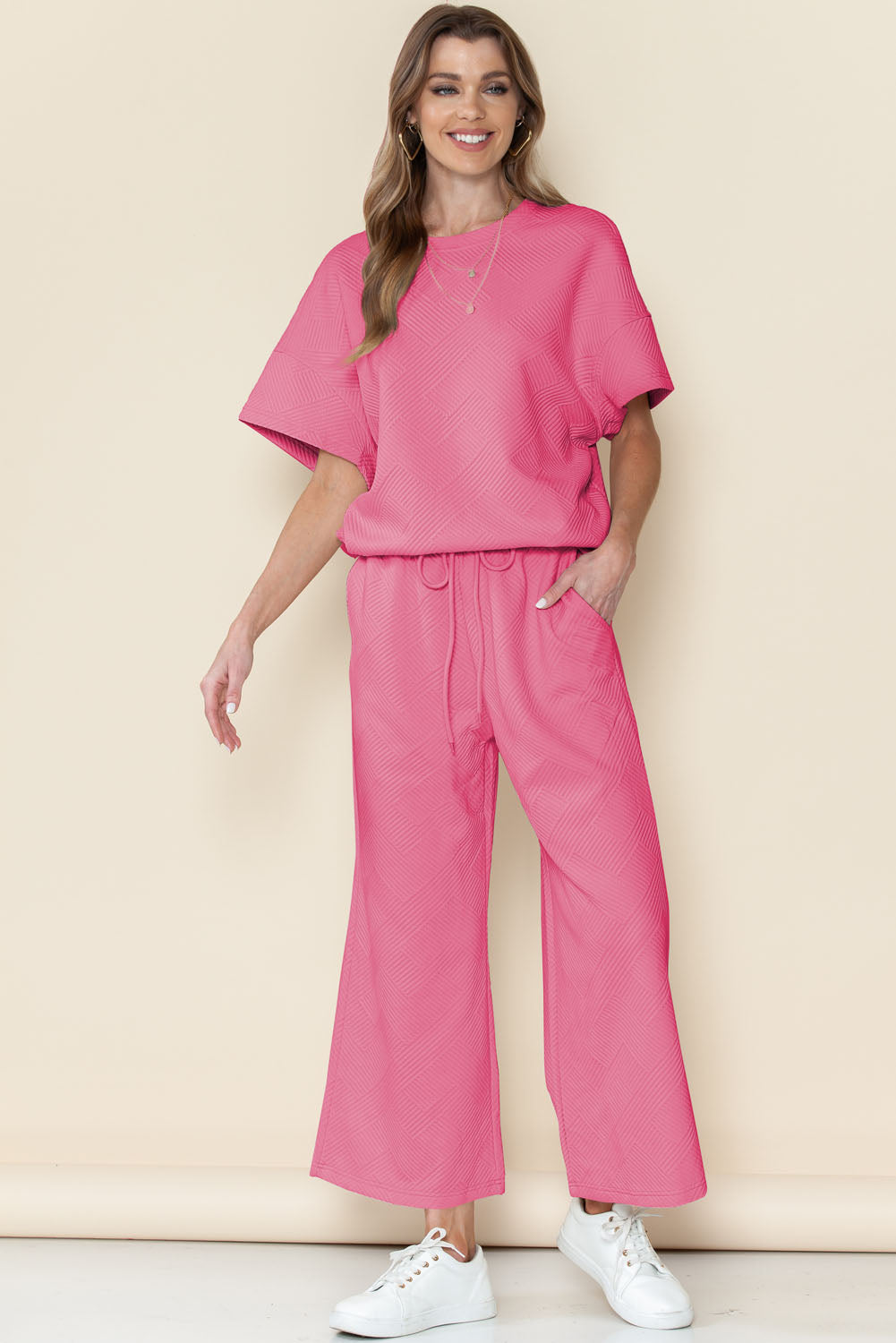 Strawberry Pink Textured Loose Fit T Shirt & Drawstring Pants Set