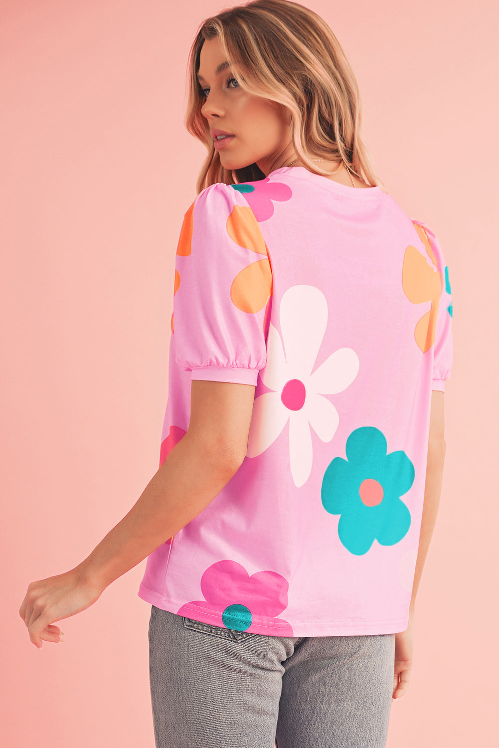 Colorful Flower Print Bubble Sleeve Tee