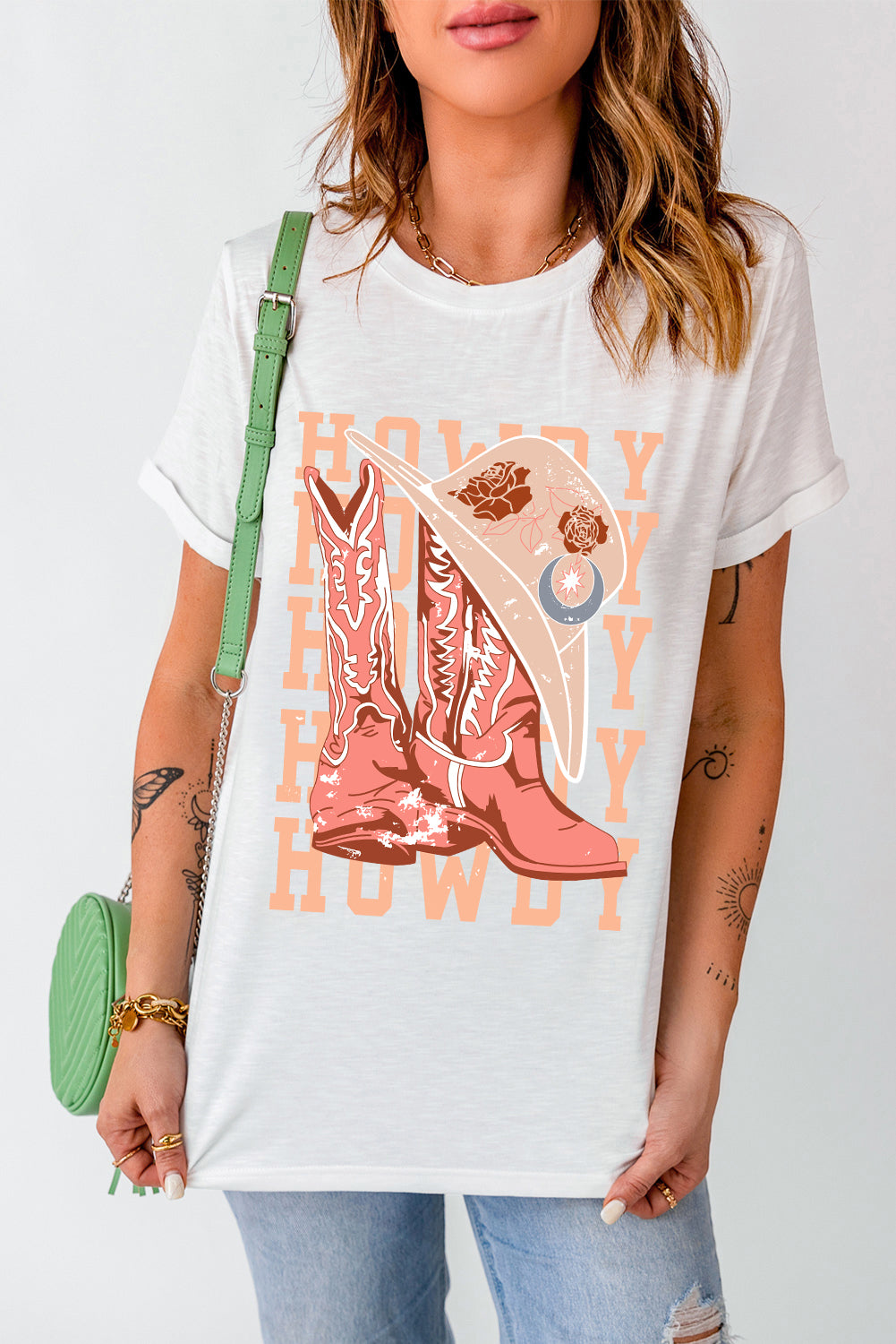 White HOWDY Boots Floral Graphic Crew Neck T Shirt