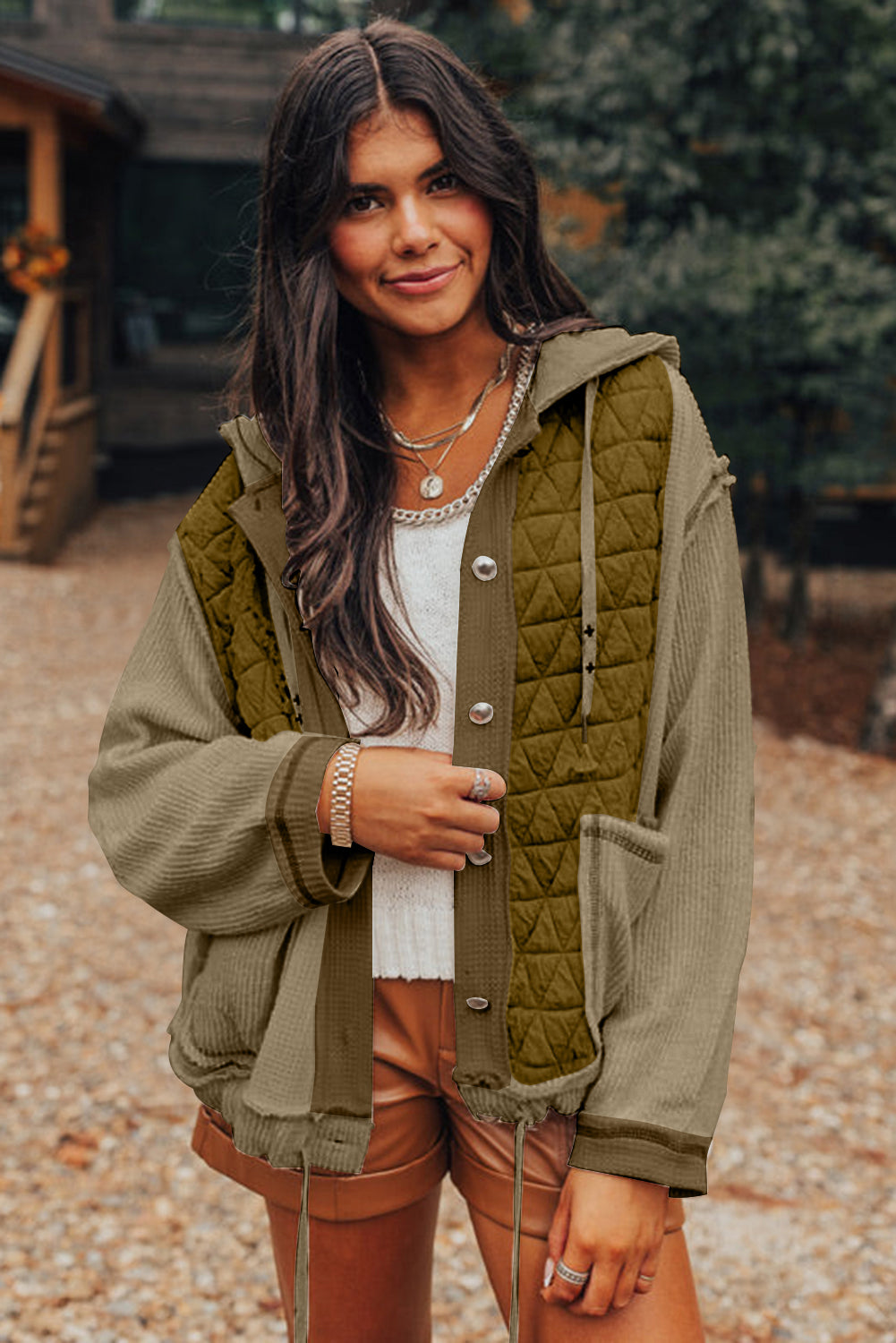 Quilted Textured Patchwork Hooded Jacket