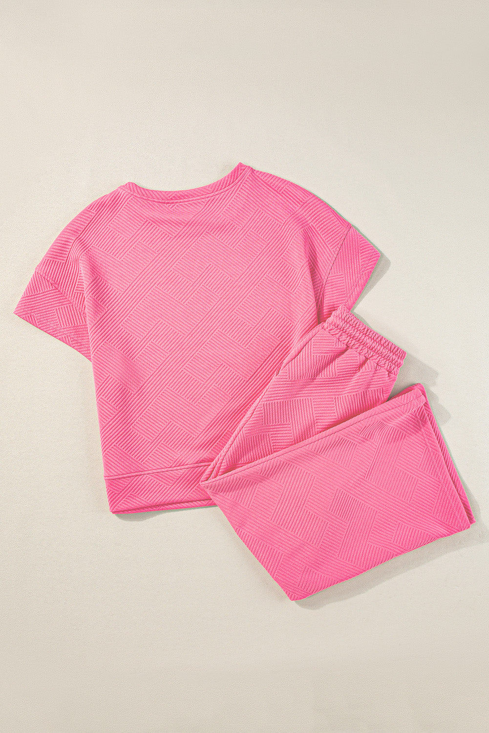 Strawberry Pink Textured Loose Fit T Shirt & Drawstring Pants Set