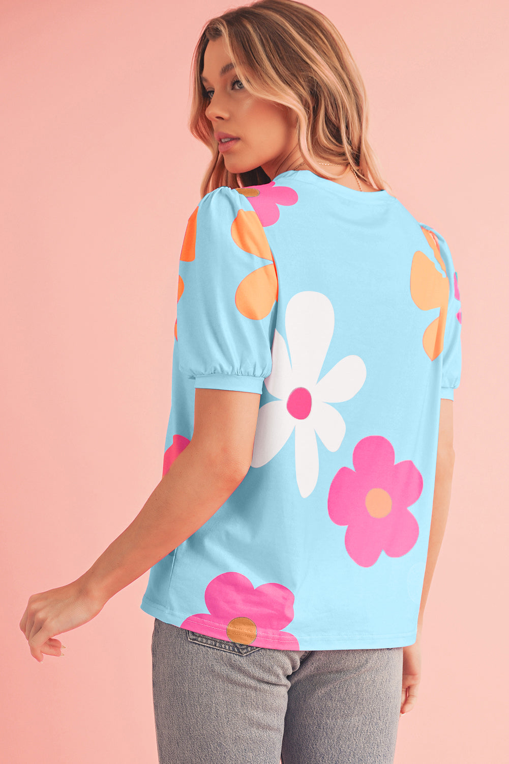 Colorful Flower Print Bubble Sleeve Tee