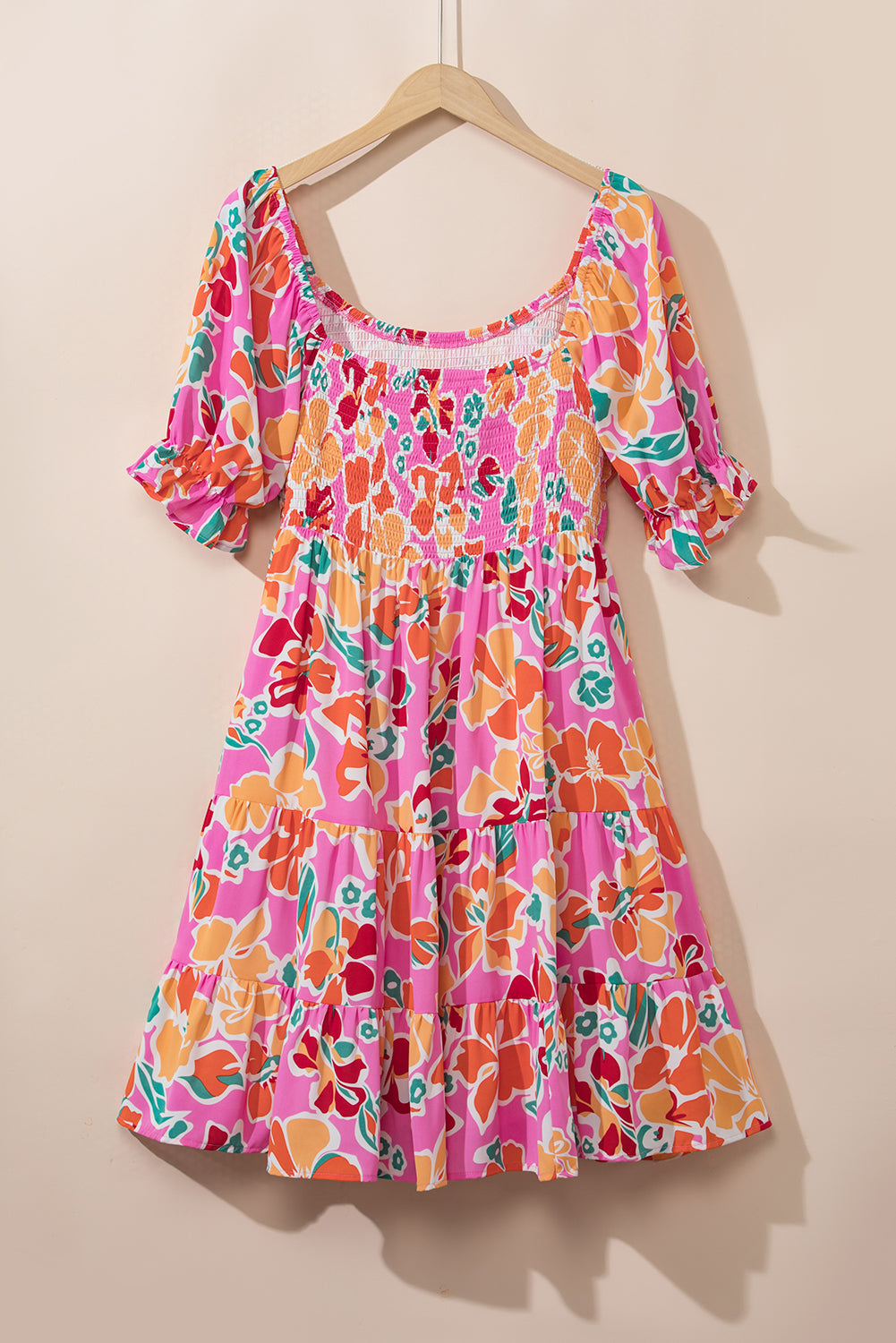 Pink Plus Size Puff Sleeve Smocked Floral Dress