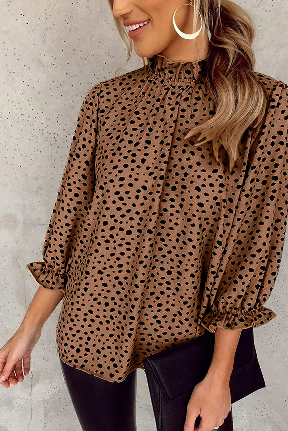 Khaki Leopard 3/4 Ruffle Sleeve Frill Neck Blouse